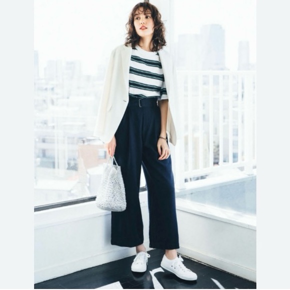 NEW Uniqlo Belted Linen Rayon Wide Pants High Waist Paper Bag Navy Blue Size L - Picture 2 of 11